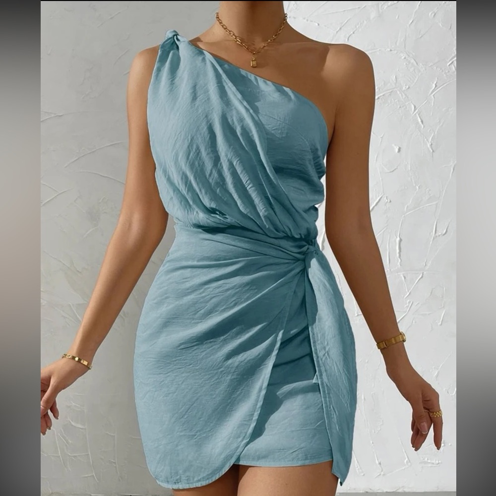 SHEIN belle one shoulder knot side wrap dress